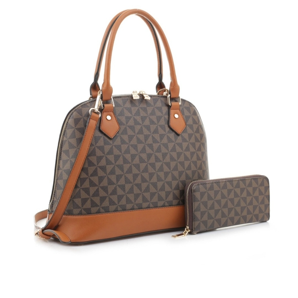 Brown Geometric Pattern Handbag and Wallet Set